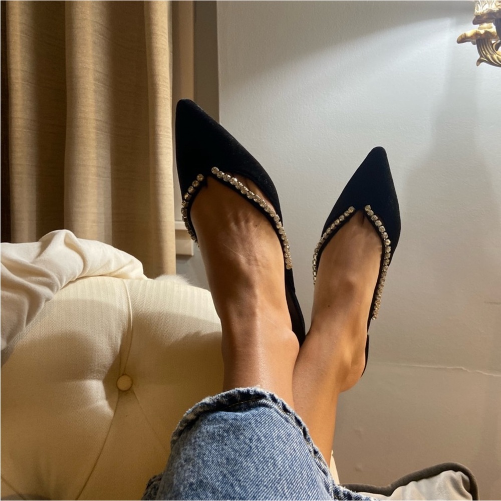 CULT OF COQUETTE Elegant Black Flats with Rhinestone Detailing